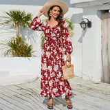 Women Date Dress Autumn Winter Sexy Long Sleeve V-neck Lantern Sleeve Backless Floral Long Tie Dress