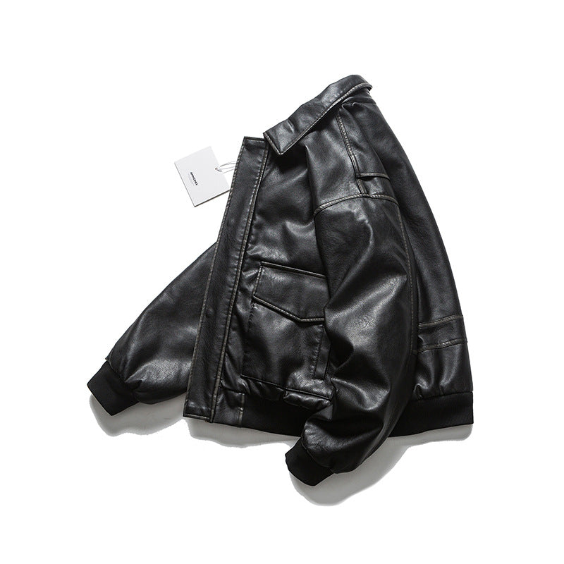 Unisex Winter Cotton Coat Three-Dimensional Pocket Decoration Lapel Cotton-Padded Coat Retro Loose PU Leather Cotton-Padded Jacket
