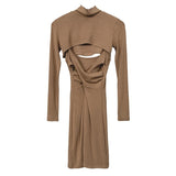 Women Dresses Turtleneck Long Sleeve Blouse V-neck Brace Dress Two-Piece Suit Hip Skirt