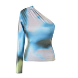 Women Tops Summer One-Shoulder Tie-Dye Top off-the-Shoulder Short T-shirt