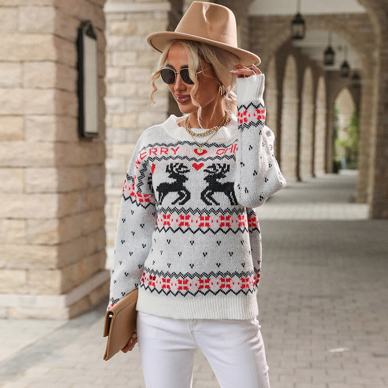 Women Knitted Sweater Autumn Knitted Long Sleeve Pullover round Neck Christmas Sweater