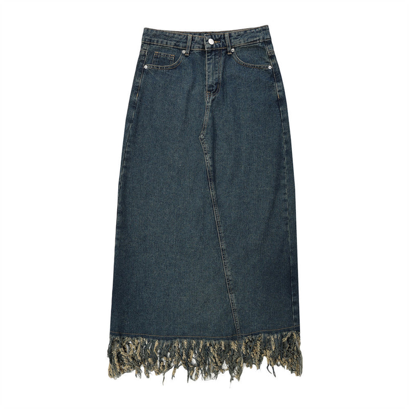Women Long Skirt Tassel Denim Midi Dress A- line Skirt