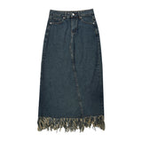 Women Long Skirt Tassel Denim Midi Dress A- line Skirt