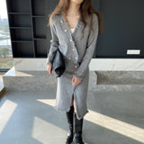 Women Knitted Two-Piece Set Spring Suit V-neck Top and Skirt 8t8221