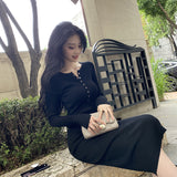 Women Maxi Dress Autumn and Winter V-neck Sexy Button Slim Knit Dress