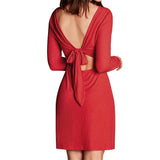 Women Dress round Neck Backless Bow Long Sleeve Short Dress
