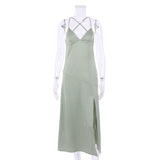 Women Dress Sexy Green Satin V-neck Strap Dress