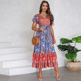 Women Date Dress Summer V-neck Ruffle Vintage Floral Beach Dress