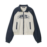 Women Jacket Letter Embroidered Color Matching Casual Coat Lapel Sports Jacket