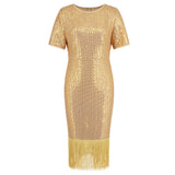 Women Date Dress round Neck Vintage Sequined Tassel Evening Dress