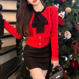 Women Knitwear Autumn and Winter Bow Twist O-neck Short Sweaters Cardigan