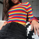 Women Knitted Sweater Spring and Autumn Turtleneck Long Sleeve Striped Sexy Short Sweater Sweater