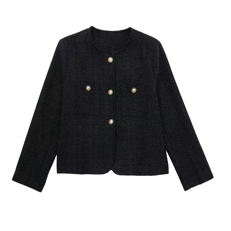 Women Woolen Coat Metal Buckle Vintage Tweed Short Chanel Coat