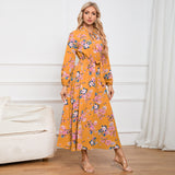 Women Date Dress Autumn Long Sleeve Lace Stand Collar Belt Long Dress