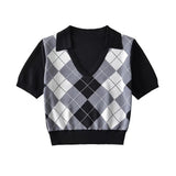 Women Sweater Knitwear Vintage Polo Shirt Short Sleeve Women's Summer Rhombus Contrast Color Knitwear Short T-shirt