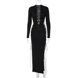 Women Dresses Autumn Sexy Hollow out Split Long Sleeve Dress (Bla0420)
