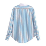 Women Tops Summer Loose-Fitting Striped Long Sleeves Shirt Single-Breasted Top