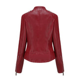 Red Leather Jacket Beaded Leather Women's Long Sleeve Lapel Motorcycle Clothing