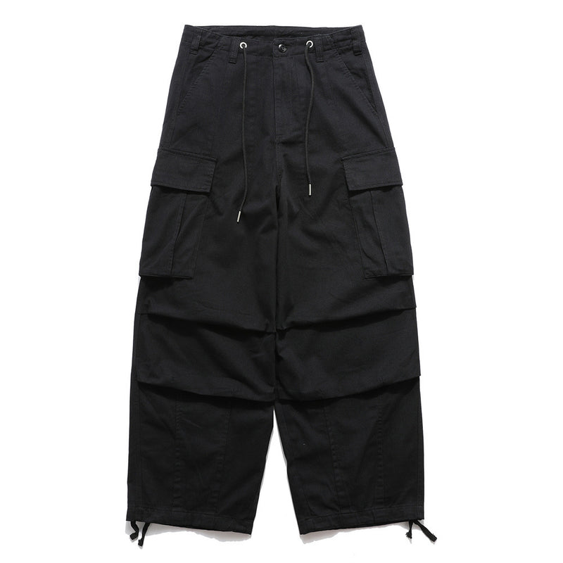 Men Sweatpants Cargo Wide Leg Trousers Men's Loose Casual Pleated Knee Multi-Pocket Sports Drawstring Ankle Banded Pants