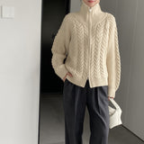 Women Cardigan Sweater Coat Long Sleeve Loose Zip Turn-down Collar Coat L1216