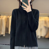 Women Knitted Cardigan Lapel Double Zipper Long Sleeve Women's Autumn and Winter Loose Knitted Coat