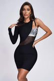 Women's Evening Dress Sequined Bandage One-Piece Dress Sexy Long Sleeve Mesh Dress