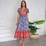 Women Date Dress Summer V-neck Ruffle Vintage Floral Beach Dress