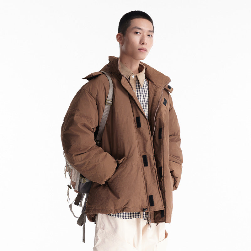 Unisex Winter Cotton Coat Pocket Decorative Hooded down Jacket Vintage White Duck down Jacket Men