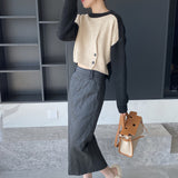 Women Winter Knitted Sweater Autumn Winter Sweater Sweater Button Color Contrast Patchwork Cropped Top 8t7311