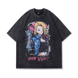 Men T Shirt Cartoon Distressed Short Sleeve T-shirt Vintage Washed Oversize Half Sleeve T-shirt
