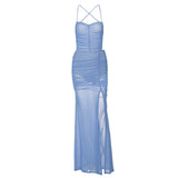 Women Dresse Mesh Sexy Blue Backless High Slit Suspender Dress