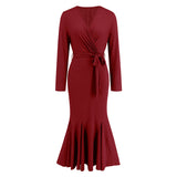 Women Date Dress Knitted Long Sleeve V-neck Lace-up Fishtail Skirt