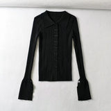 Women Sweater Knitwear Lapel Single Breasted Split Flare Sleeve Knitwear