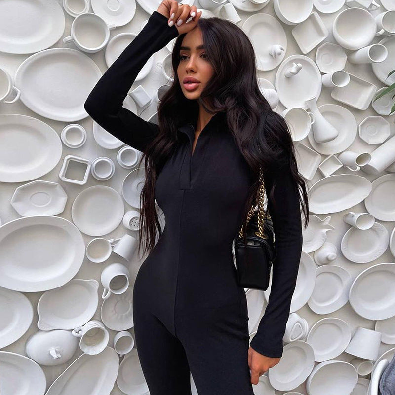 Women Jumpsuit Winter Lapel Long Sleeve Casual Wide Leg Pants