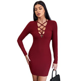 Women Dress Hollow Sexy Sheath Skirt Slim-Fit Long Sleeve Dress