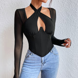 Women Party Tops Long-Sleeved T-shirt Steel Ring Fishbone Waist Top