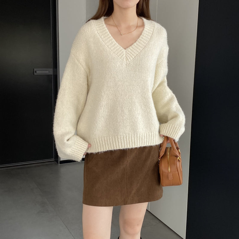 Women Winter Knitted Sweater V-neck Thick Sweater Autumn and Winter Loose-Fitting Long Sleeve Sweater H0001
