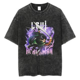 Men Washed T Shirt Black Japanese Anime Graphic Print TShirt