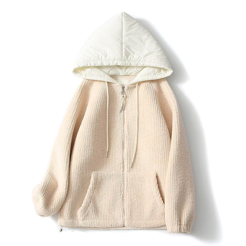 Women Jacket Autumn and Winter Fleece Fur Integrated Hooded Sweatshirt Cardigan