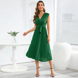 Women Date Dress Summer V-neck Pleated Sleeveless Waist Dress