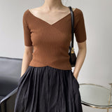 Women Knitted T-shirt V-neck Short-Sleeved Sweater Slim T-shirt