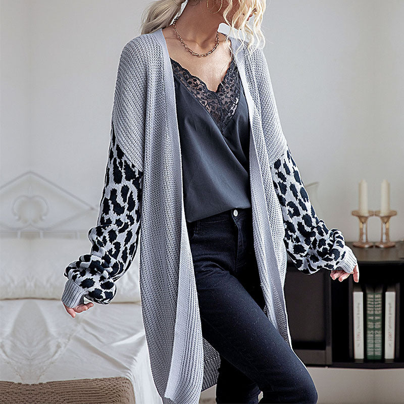 Women Knitted Sweater Autumn and Winter Knitting Leopard Cardigan Sweater Coat
