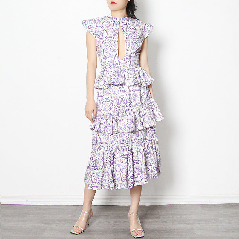 Women Dresses Summer Sexy Printed Short Sleeve Mid-Length Dress Hollow Dress (Qymy0409)