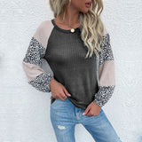 Women Knitted Sweater Autumn Long Sleeve Waffle Top Stitching Leopard Print