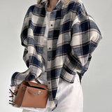 Women Trench Coat Winter Plaid Long Sleeve Shirt Loose Casual Jacket