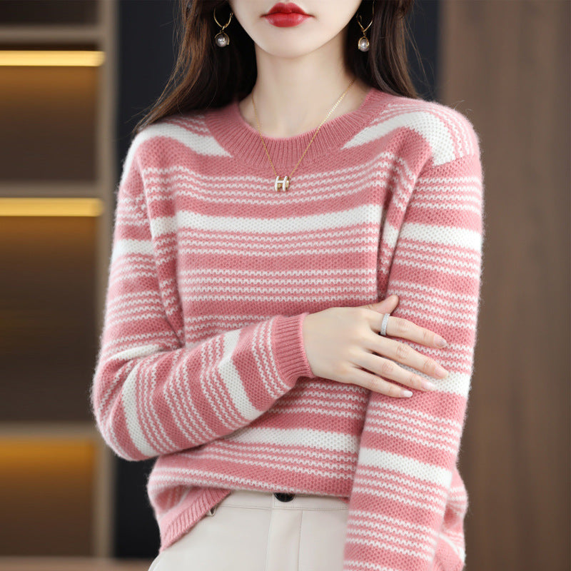 Women Knitwear Autumn and Winter round Neck Striped Sweater Loose Sweater