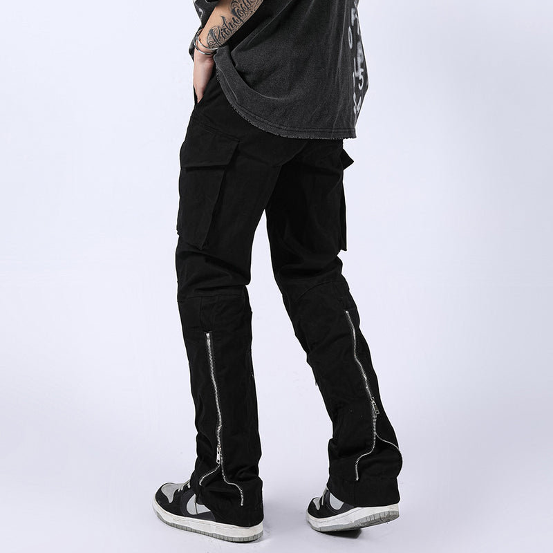 Men Sweatpants Multi-Pocket Zipper Overalls Slim-Fit Straight Trousers