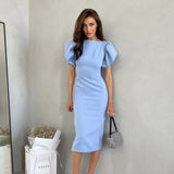Women Dress Spring/Summer round Neck Puff Sleeve Dress Sheath Tight Dress
