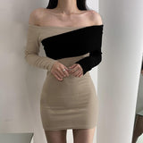 Women Dresses off-Shoulder Long Sleeve Dress Hip Skirt
