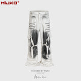 MIJKO Mens Vintage Pants Buckle Trim Loose Old Jeans